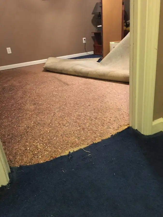 Carpet pad removal revealing water damage during Drying & Dehumidification in Waukesha